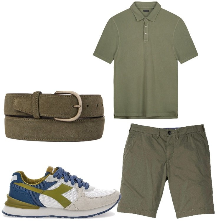 Outfit uomo - Verde oliva. Stile Casual per Tutti i giorni. Abbinamento con bermuda, sneakers, polo, cinture.
