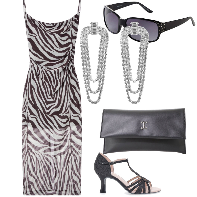 Outfit donna - L abitino scontatissimo. Stile Chic per Serata fuori. Abbinamento con occhiali da sole, vestiti lunghi, orecchini, pochette, décolleté.