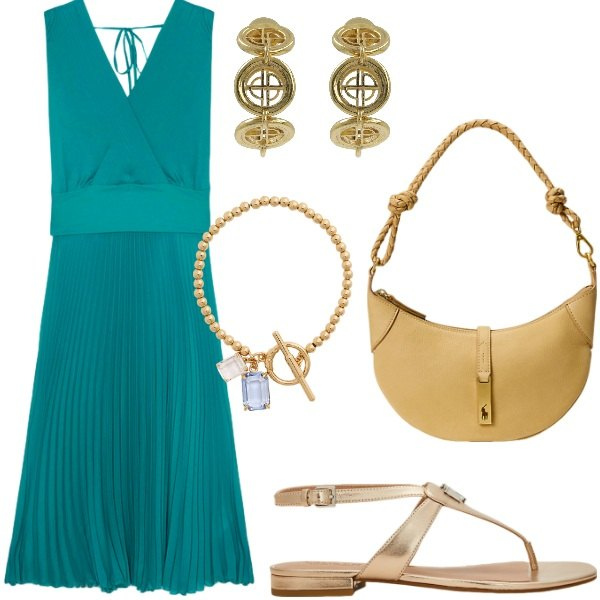 Outfit donna - Compleanno a sopresa. Stile Glamour per Serata fuori. Abbinamento con borse a spalla, braccialetti, sandali in pelle, vestiti lunghi, orecchini.