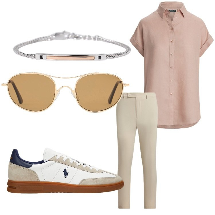 Outfit uomo - Una bella serata. Stile Business/Elegante per Serata speciale. Abbinamento con braccialetti, sneakers, pantaloni, camicie a manica corta, occhiali da sole.