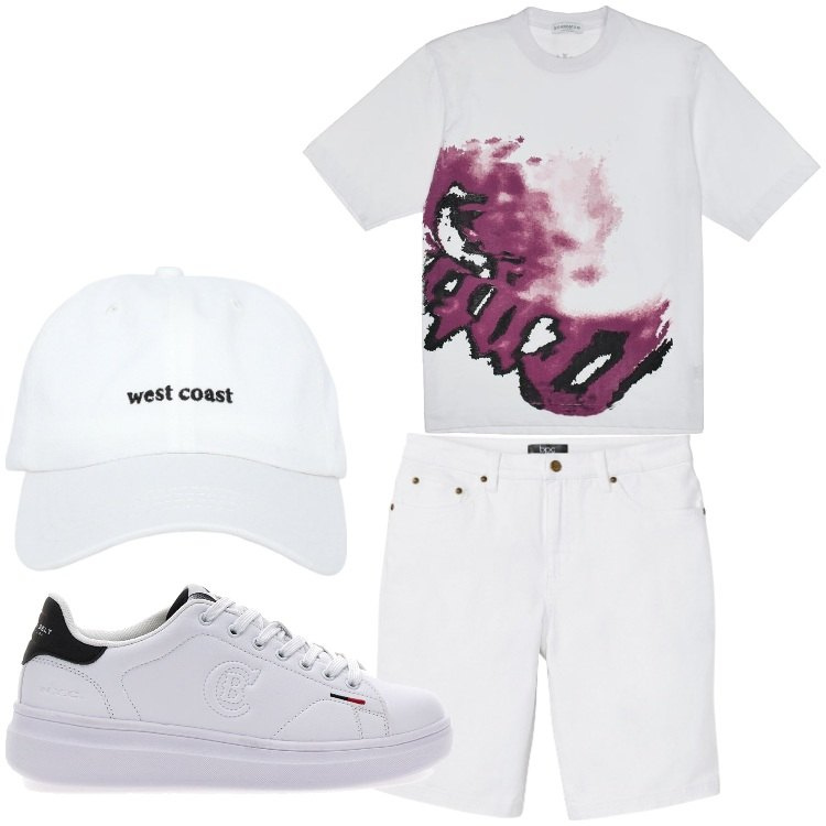 Outfit uomo - White man. Stile Casual per Tutti i giorni. Abbinamento con bermuda, cappelli, t-shirt, sneakers.