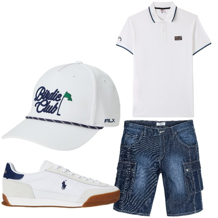 Outfit uomo - Mr. Jeans. Stile Casual per Tutti i giorni. Abbinamento con bermuda, polo, sneakers, cappelli.