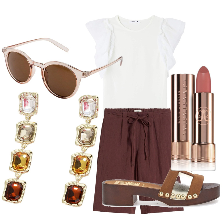 Outfit donna - Giornata relax. Stile Casual per Tutti i giorni. Abbinamento con occhiali da sole, bermuda, rossetti, t-shirt, orecchini, zoccoli.