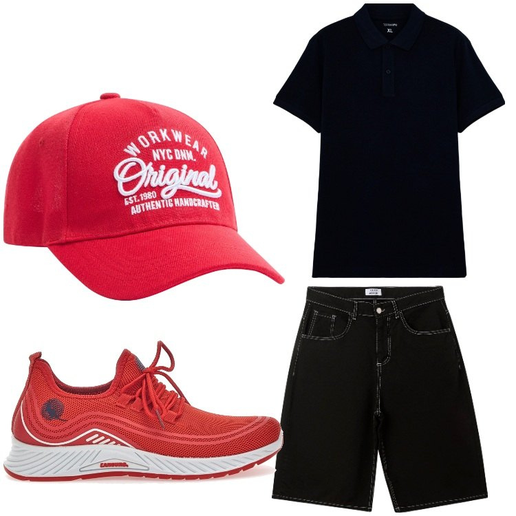 Outfit uomo - Nero red. Stile Casual per Tutti i giorni. Abbinamento con polo, cappelli, bermuda, sneakers.