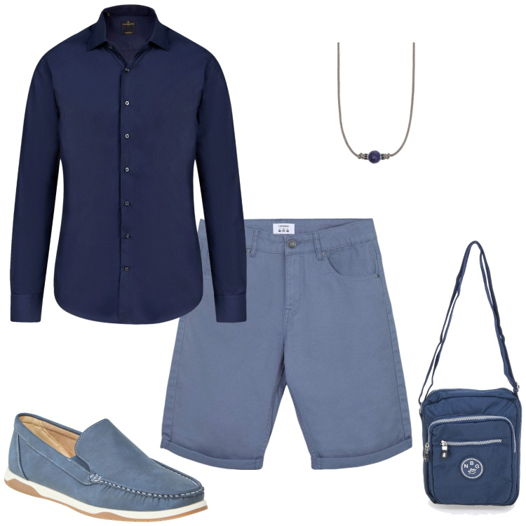 Outfit uomo - Total look #2200162. Stile Trendy per Mare. Abbinamento con bermuda, scarpe stringate, collane, borse sportive, camicie.