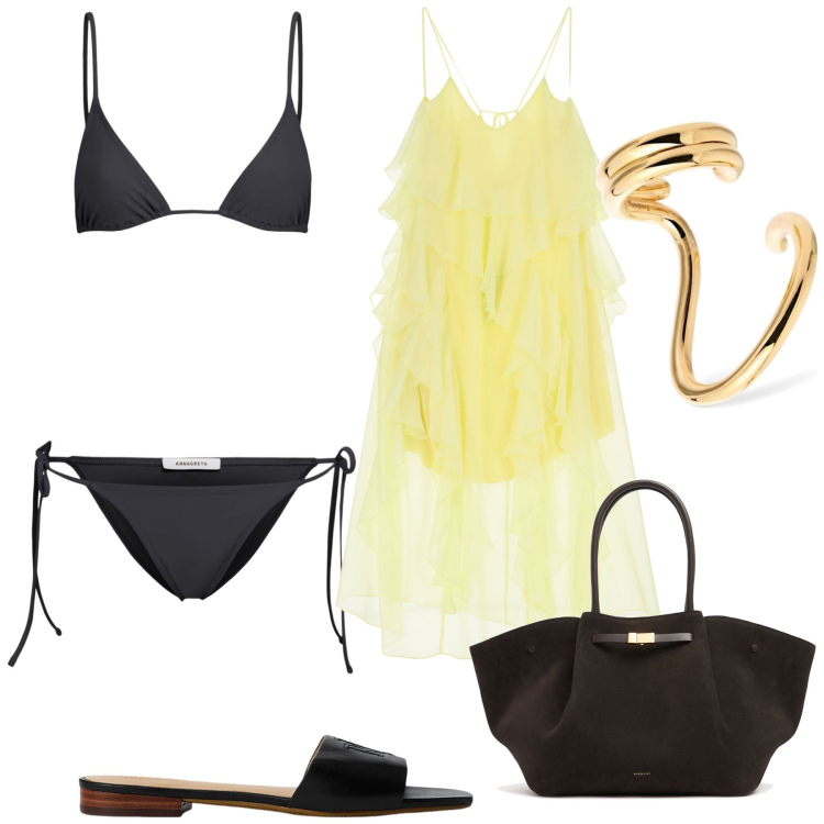 Outfit donna - Luglio è solo mare. Stile Glamour per Mare. Abbinamento con vestiti lunghi, ciabatte, orecchini, shopping bag, bikini.