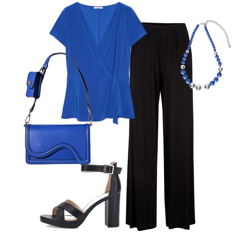 Outfit donna - A cena. Stile Chic per Serata fuori. Abbinamento con pantaloni, pochette, bluse, collane, sandali col tacco.