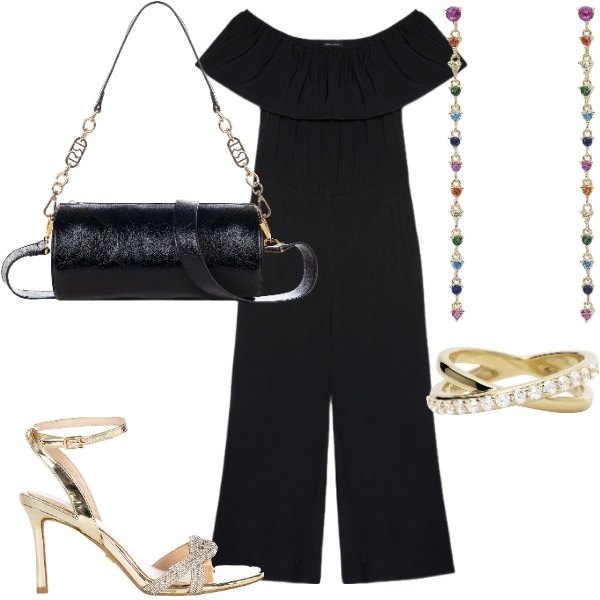 Outfit donna - Jumpsuit a luglio. Stile Glamour per Serata fuori. Abbinamento con anelli, orecchini, sandali col tacco, borse a mano, tute.