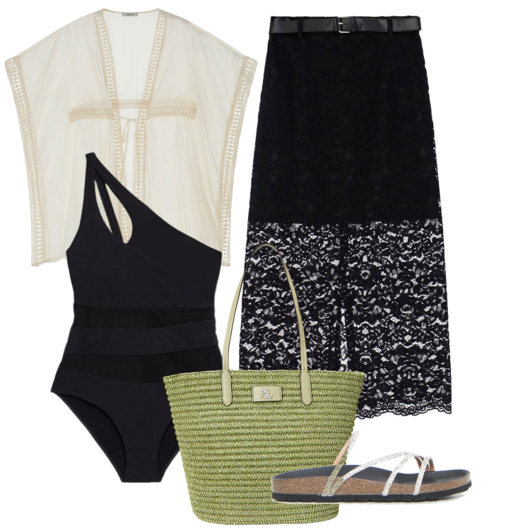 Outfit donna - Abbigliamento versatile. Stile Chic per Mare. Abbinamento con gonne longuette, gilet, borse tote, costumi interi, ciabatte.