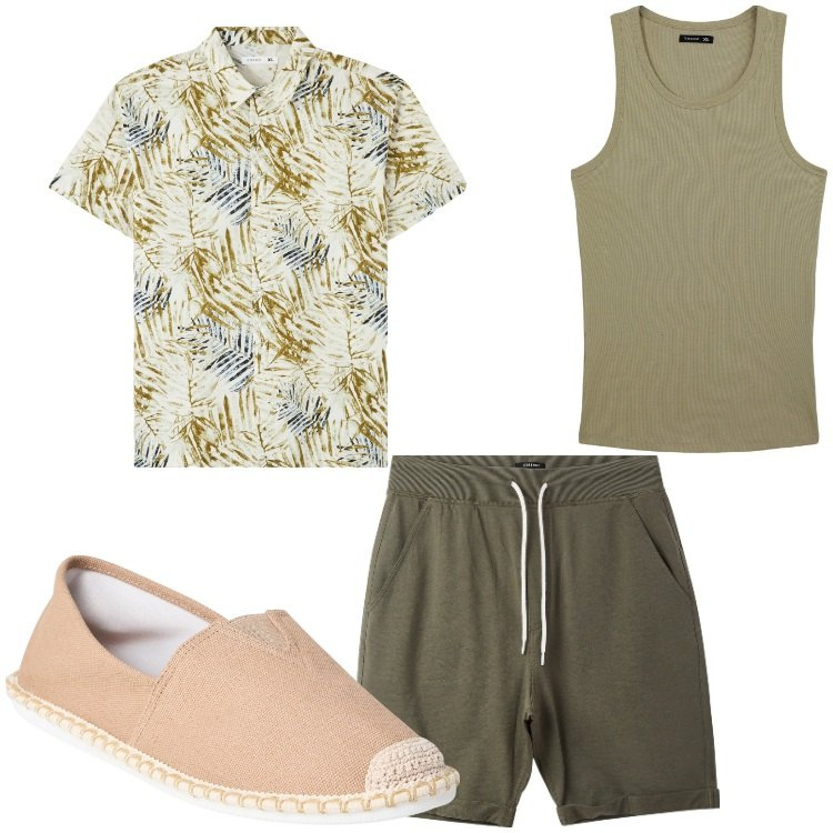 Outfit uomo - Fiori e verde oliva. Stile Casual per Tutti i giorni. Abbinamento con camicie a manica corta, espadrillas, canottiere, pantaloni corti.