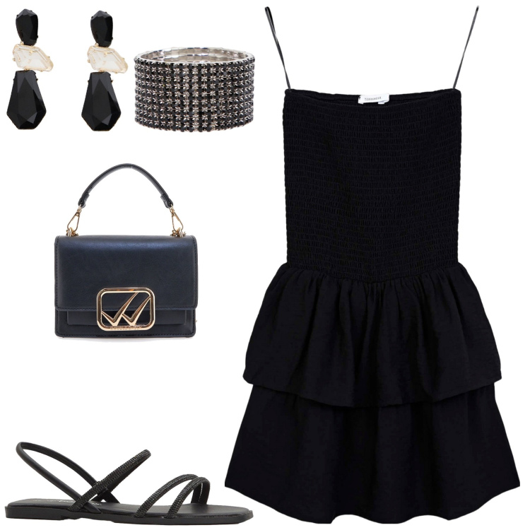 Outfit donna - Passeggiata. Stile Minimal per Tutti i giorni. Abbinamento con sandali, vestiti corti, orecchini, braccialetti, borse a tracolla.