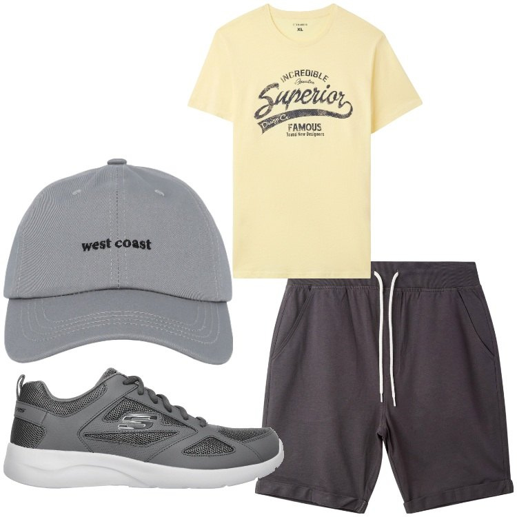 Outfit uomo - Me. Stile Casual per Tutti i giorni. Abbinamento con cappelli con visiera, t-shirt, bermuda, sneakers.