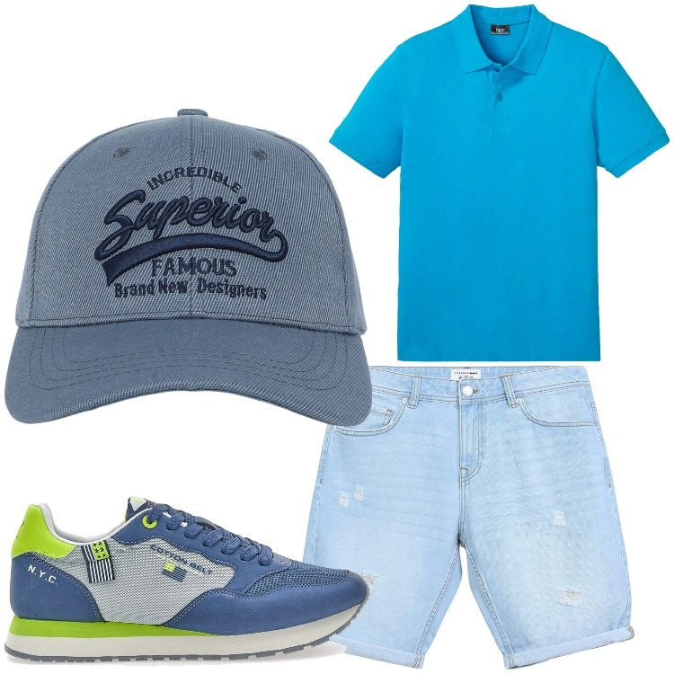 Outfit uomo - Cielo. Stile Casual per Tutti i giorni. Abbinamento con polo, cappelli con visiera, shorts, sneakers.