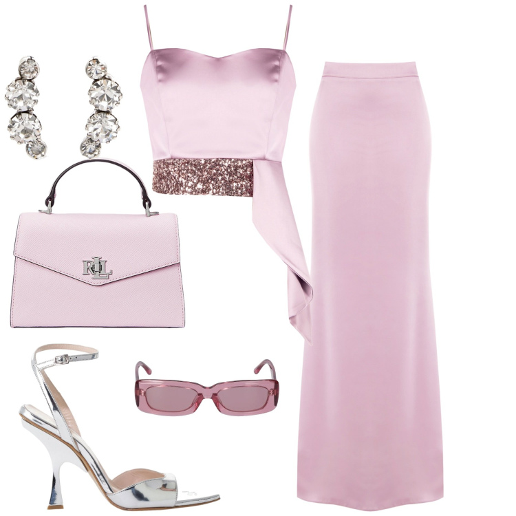Outfit donna - Rosa malva. Stile Chic per Cerimonia. Abbinamento con top, gonne lunghe, décolleté, borse a mano, orecchini, occhiali da sole.