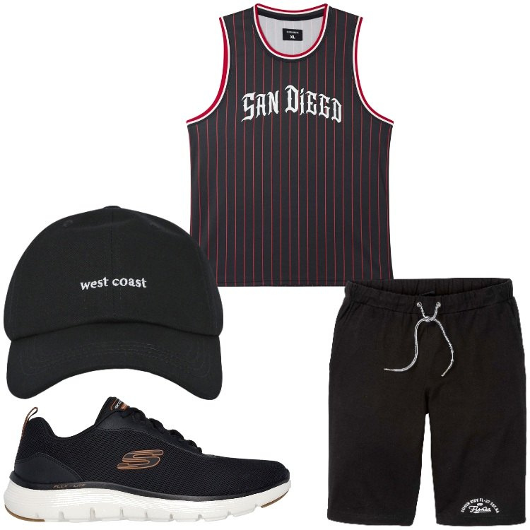 Outfit uomo - Campione. Stile Casual per Sport. Abbinamento con bermuda, cappelli con visiera, canottiere, sneakers.