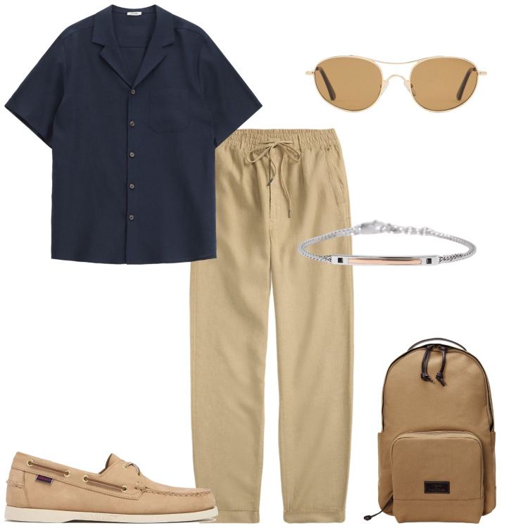 Outfit uomo - Total look #2200196. Stile Casual per Tutti i giorni. Abbinamento con braccialetti, pantaloni, borse sportive, camicie a manica corta, occhiali da sole, scarpe stringate.