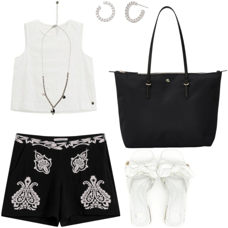 Outfit donna - L\'afa di Luglio. Stile Casual chic per Tutti i giorni. Abbinamento con shorts, orecchini, top, ciondoli, borse tote, ciabatte.