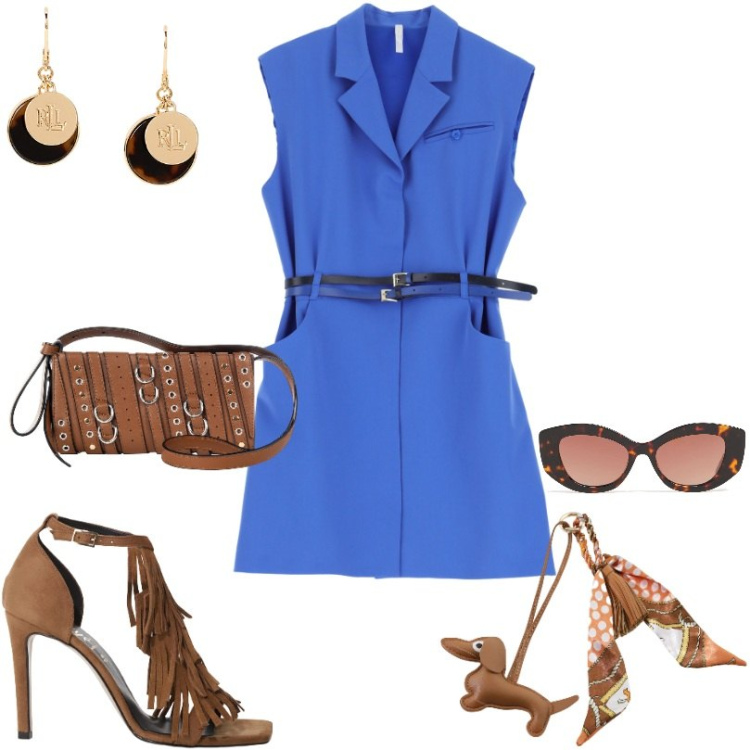 Outfit donna - Total look #2200200. Stile Trendy per Tutti i giorni. Abbinamento con borse a spalla, vestiti corti, portachiavi, décolleté, orecchini, occhiali da sole.