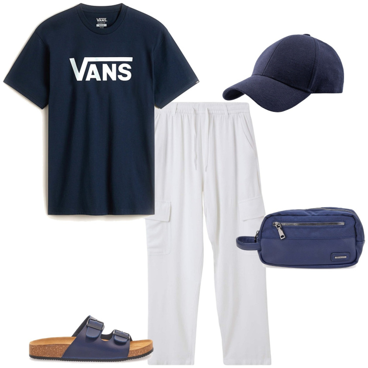 Outfit uomo - Total look #2200202. Stile Casual per Mare. Abbinamento con pantaloni cargo, t-shirt, borse sportive, cappelli con visiera, sandali.