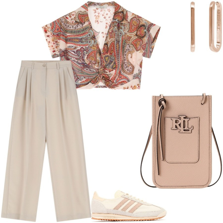 Outfit donna - La tracolla porta cellulare. Stile Casual per Tutti i giorni. Abbinamento con orecchini, pantaloni, top, borse a tracolla, sneakers.