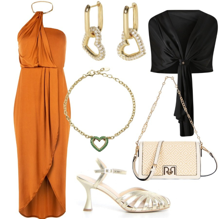 Outfit donna - L\'abito peplo arancione acceso. Stile Glamour per Cerimonia. Abbinamento con orecchini, braccialetti, scialli, vestiti, borse a tracolla, sandali col tacco.