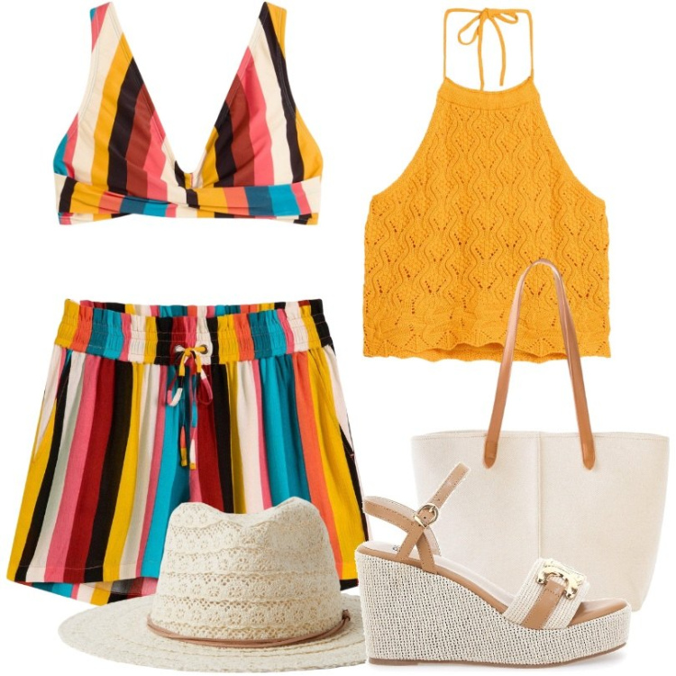 Outfit donna - Pantaloncini belli e comodi. Stile Trendy per Mare. Abbinamento con pantaloni corti, bikini, top, shopping bag, cappelli, zeppe.