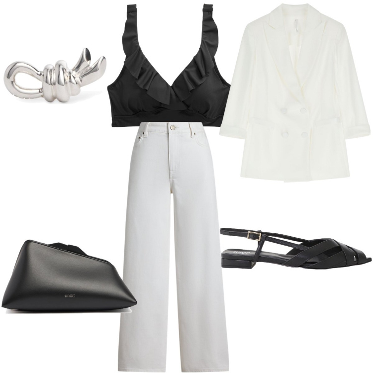 Outfit donna - Black in summer. Stile Sexy per Serata fuori. Abbinamento con blazer, sandali, top, jeans, pochette, orecchini.