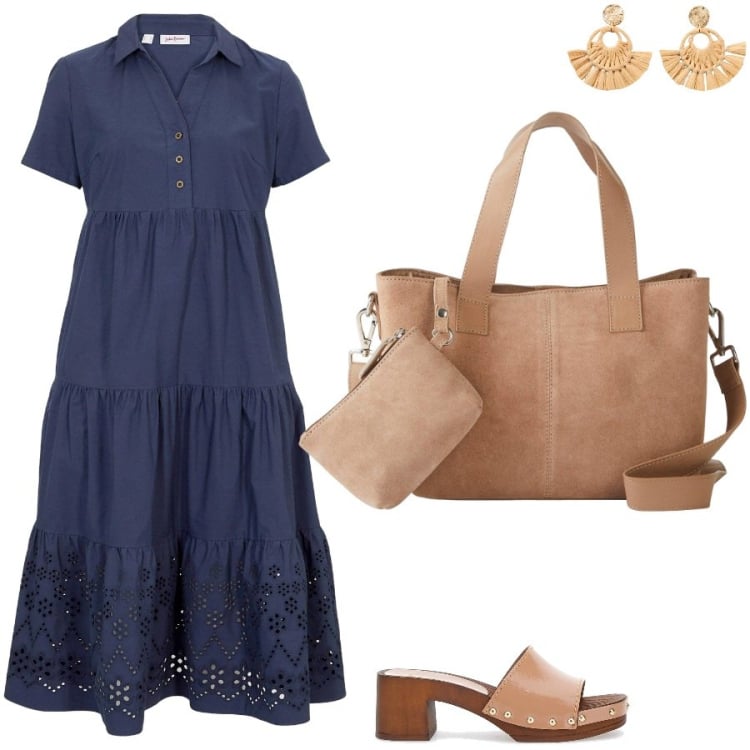 Outfit donna - Il vestito con balza Sangallo. Stile Casual chic per Tutti i giorni. Abbinamento con vestiti, orecchini, borse a mano, zoccoli.