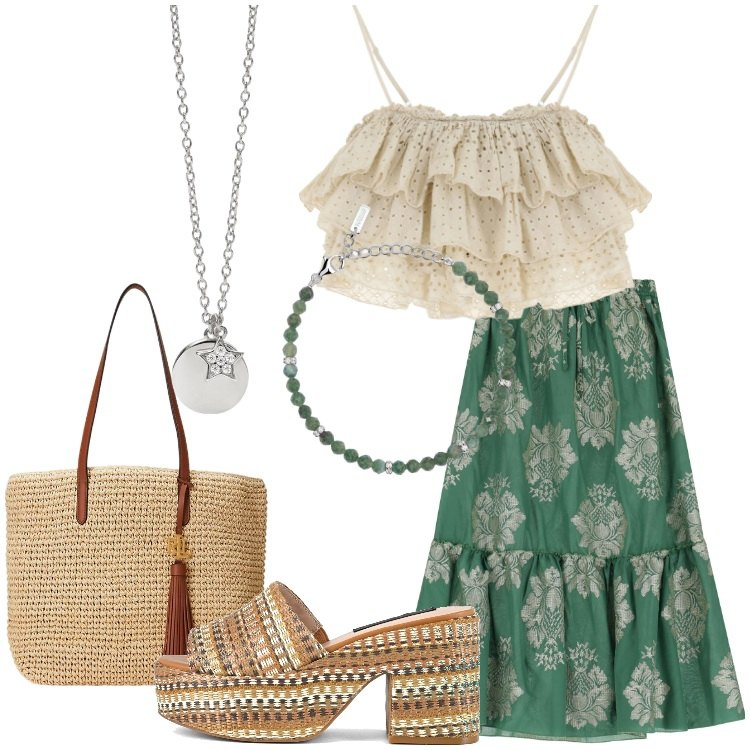 Outfit donna - Dixie - Summer Sale SS25. Stile Boho per Tutti i giorni. Abbinamento con braccialetti, ciondoli, gonne lunghe, top, borse tote, zeppe.