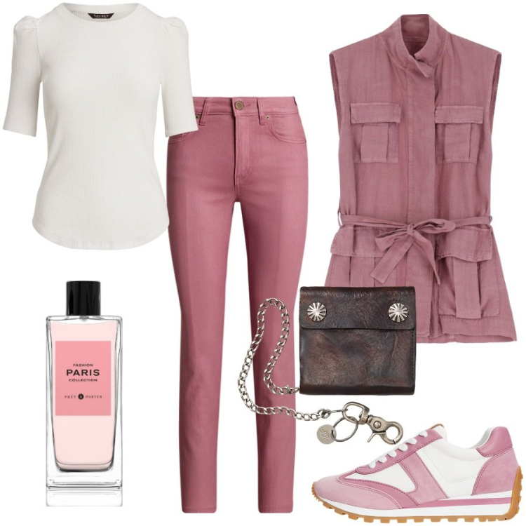 Outfit donna - Urban Pink. Stile Urban per Tutti i giorni. Abbinamento con profumi, gilet, sneakers, t-shirt, jeans dritti, portafogli.