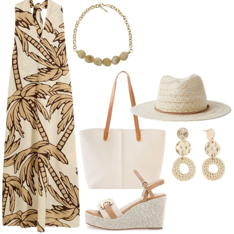 Outfit donna - Per affrontare l\'estate con leggerezza. Stile Trendy per Tutti i giorni. Abbinamento con vestiti, shopping bag, orecchini, cappelli, collane, zeppe.