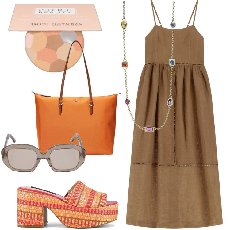 Outfit donna - Summer vibes. Stile Casual chic per Tutti i giorni. Abbinamento con ciprie, collane, vestiti lunghi, borse tote, zeppe, occhiali da sole.