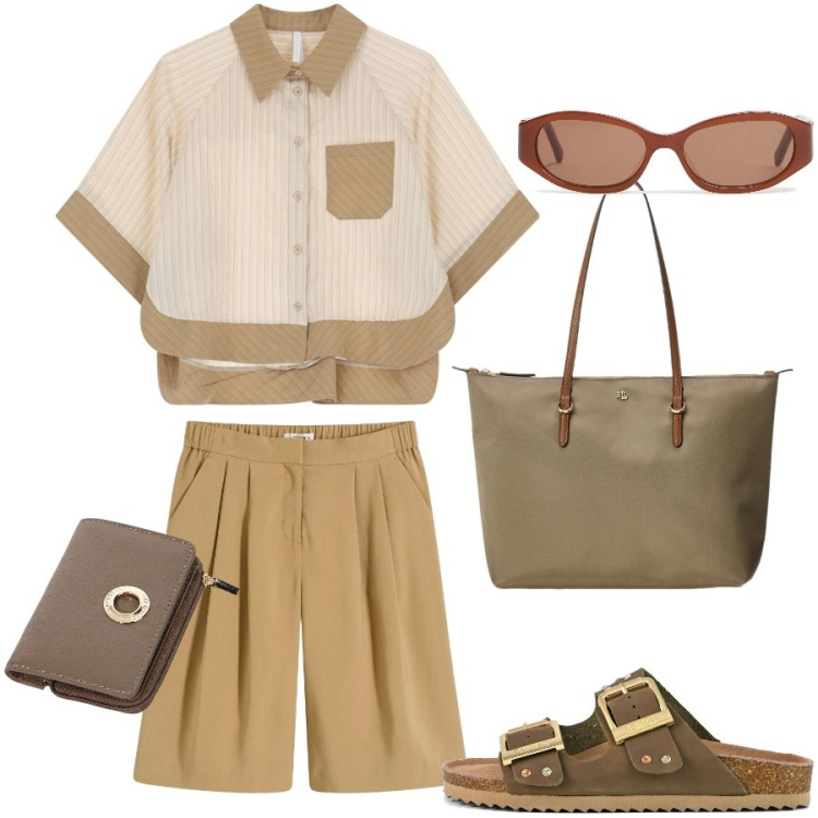 Outfit donna - Comoda in ufficio. Stile Urban per Ufficio. Abbinamento con bermuda, portafogli, camicie a manica corta, borse tote, occhiali da sole, sandali.