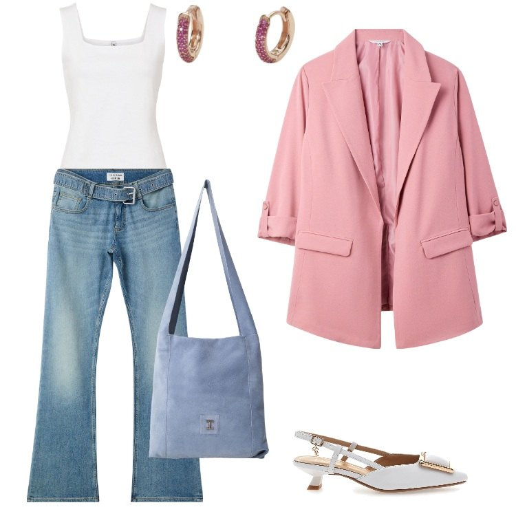 Outfit donna - Total look #2200227. Stile Sporty chic per Ufficio. Abbinamento con top, jeans a zampa, blazer, orecchini, borse a tracolla, décolleté.