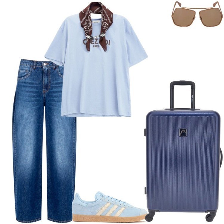 Outfit donna - È l\'ora delle vacanze. Stile Casual per Tutti i giorni. Abbinamento con t-shirt, jeans, sneakers, occhiali da sole, valigie.