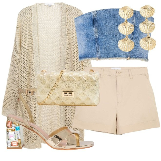 Outfit donna - Kimono traforato color oro. Stile Urban per Tutti i giorni. Abbinamento con top, orecchini, kimono, pantaloni corti, sandali gioiello, borse a tracolla.