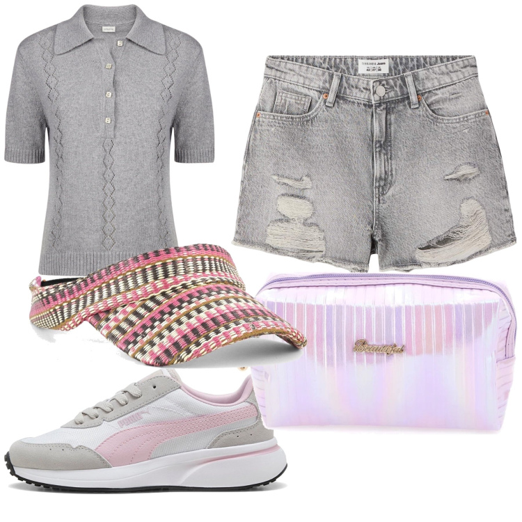 Outfit donna - Total look. Stile Casual chic per Tutti i giorni. Abbinamento con shorts, sneakers, polo, cappelli con visiera, valigie.