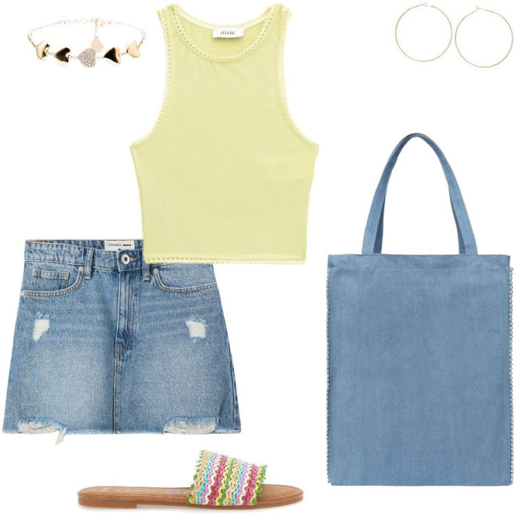 Outfit donna - Morning. Stile Casual per Tutti i giorni. Abbinamento con minigonne, borse tote, braccialetti, top, orecchini, ciabatte.