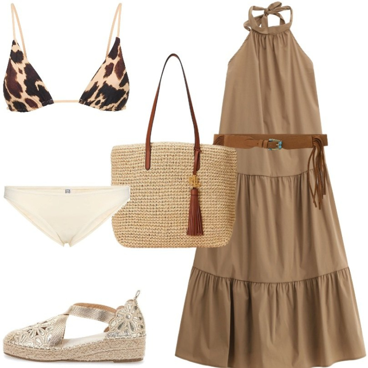 Outfit donna - un’estate all’insegna del comfort chic. Stile Boho per Mare. Abbinamento con vestiti midi/longuette, cinture, borse tote, espadrillas, bikini, bikini.