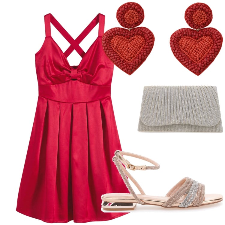 Outfit donna - Rosso di sera…. Stile Glamour per Serata fuori. Abbinamento con vestiti corti, orecchini, sandali, clutch.
