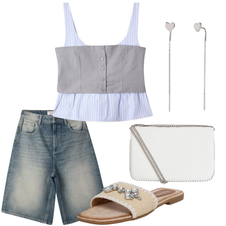Outfit donna - Bermuda di jeans. Stile Casual chic per Tutti i giorni. Abbinamento con bermuda, top, ciabatte, borse a tracolla, orecchini.