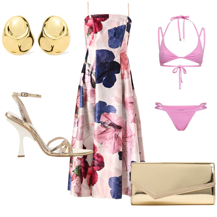 Outfit donna - Una sera wow sulla mia spiaggia. Stile Chic per Mare. Abbinamento con sandali col tacco, vestiti midi/longuette, pochette, bikini, orecchini.