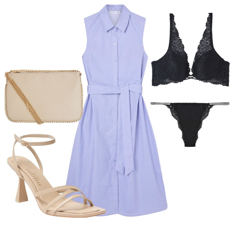 Outfit donna - Le chemisier. Stile Casual chic per Tutti i giorni. Abbinamento con vestiti chemisier, borse a tracolla, reggiseni, culotte, sandali col tacco.
