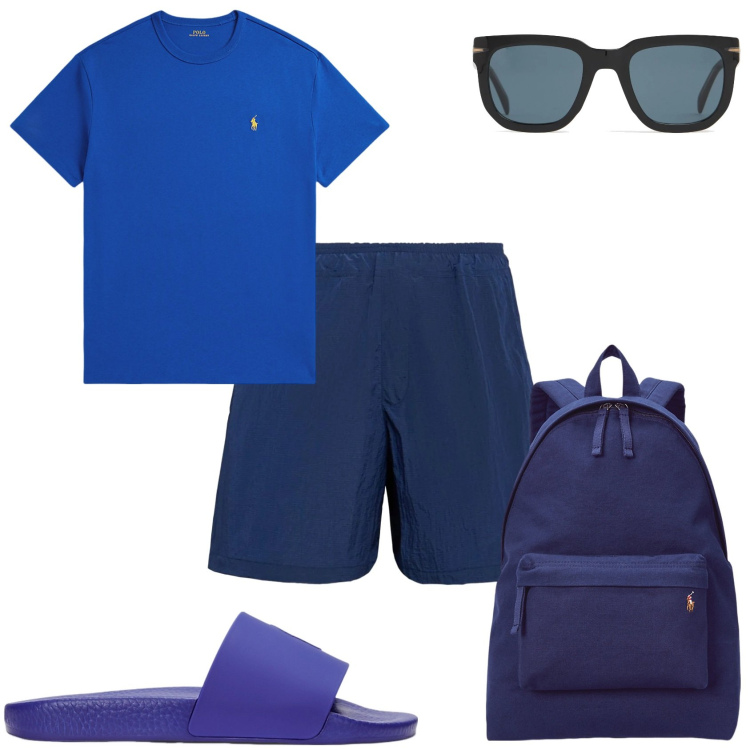 Outfit uomo - Al mare in blu. Stile Urban per Mare. Abbinamento con borse sportive, t-shirt, sandali, occhiali da sole, shorts.
