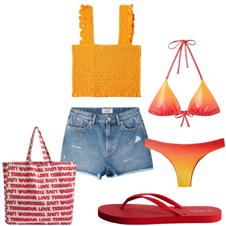 Outfit donna - Tequila sunrise. Stile Basic per Mare. Abbinamento con top, shorts, bikini, infradito, bikini, borse tote.
