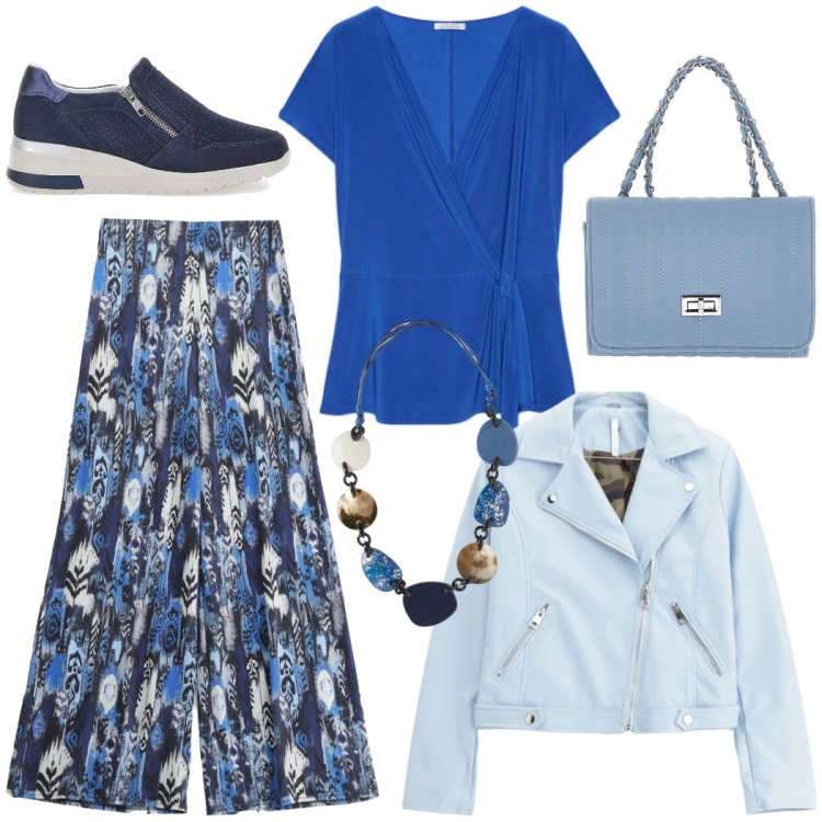 Outfit donna - Sfumature di azzurro. Stile Casual chic per Tutti i giorni. Abbinamento con pantaloni, blazer, bluse, sneakers, collane, borse a tracolla.