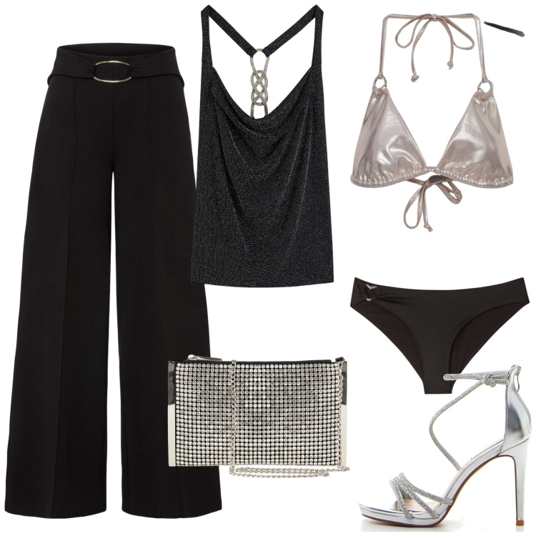 Outfit donna - Costume di sera. Stile Glamour per Mare. Abbinamento con pantaloni a palazzo, top, bikini, bikini, pochette, sandali col tacco.