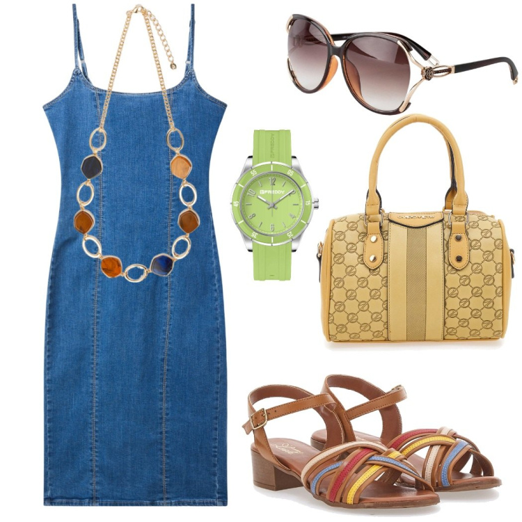 Outfit donna - L\'abito denim versatile. Stile Casual chic per Tutti i giorni. Abbinamento con occhiali da sole, vestiti a tubino, orologi, sandali col tacco, collane, borse a spalla.