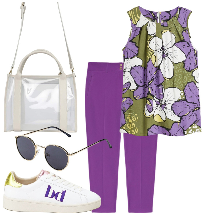 Outfit donna - Gita fuoriporta. Stile Casual chic per Tutti i giorni. Abbinamento con occhiali da sole, top, borse tote, sneakers, pantaloni chino.