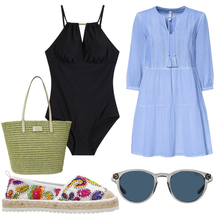 Outfit donna - Tramonto in spiaggia. Stile Boho per Mare. Abbinamento con vestiti da spiaggia, costumi interi, espadrillas, occhiali da sole, borse tote.